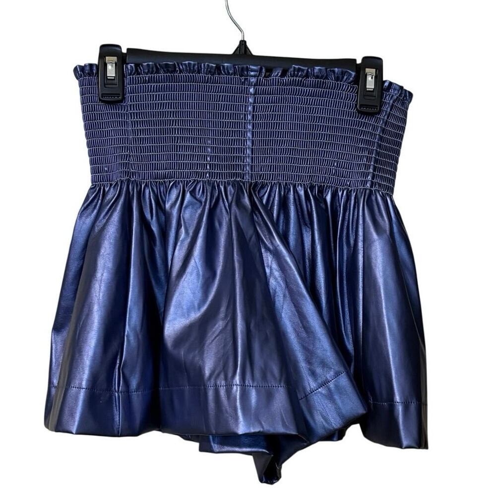 QUEEN OF SPARKLES Navy Blue Smocked Waist Leatherette Shorts